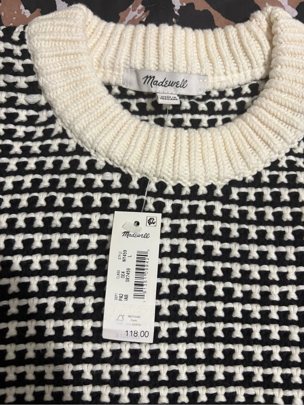 NWT Madewell Textured-Stitch Crewneck Sweater Ivory Black Stripe Size L